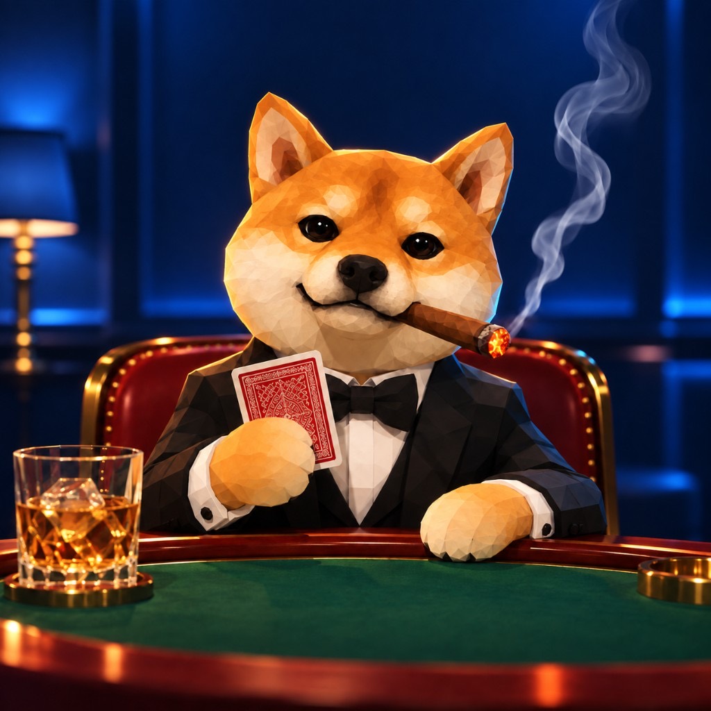 CASINU’s tuxedo Shiba host holding a card at the casino table