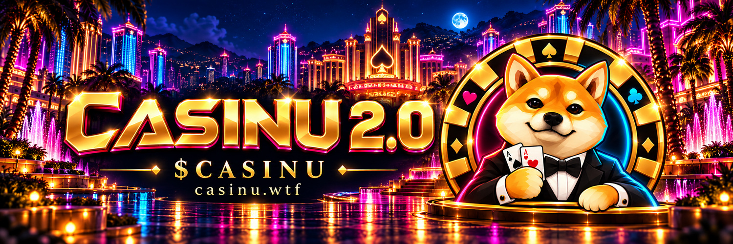 Casinu 2.0 — gold wordmark and tuxedo Shiba in a neon casino city